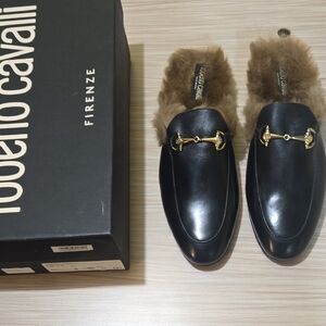 Roberto Cavalli Black Loafers with Gold Accents